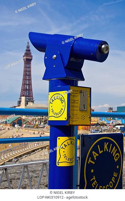 England, Lancashire, Blackpool, A talking telescope on the seafront from which great views of the Blackpool tower can be enjoyed