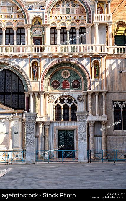 St. Mark's square, San Marco is the tourist heart of Venice with iconic sights of St. Mark's basilica, campanile cathedral tower and Doge's Palace