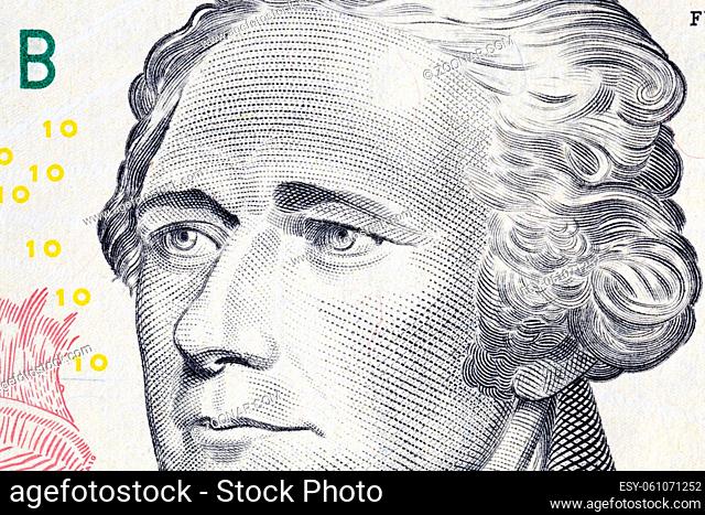 portrait of president with american paper banknote ten dollars, money close-up
