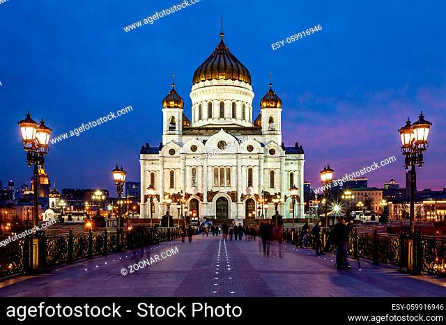 Patriarch Bridge and Cathedral of Christ the Saviour in the Evening, Russia, Moscow