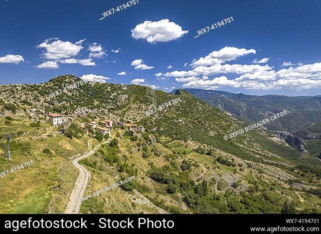 Aerial view of the Peracalç village and mountain range, north of the Collegats gorge (Pallars Sobirá , Lleida, Catalonia, Spain, Pyrenees)