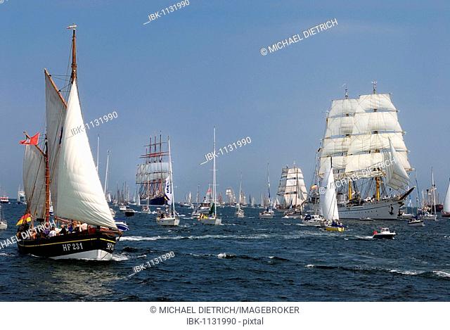 Windjammer parade of the Kiel Week 2006 with Gorch Fock, training sail ship of the German Navy, and traditional sailers, Kiel Fjord, Schleswig-Holstein, Germany