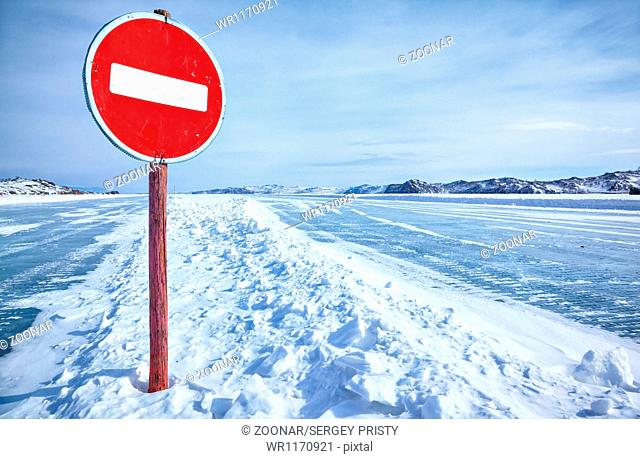 Traffic sign on Baikal ice