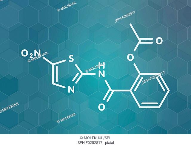 Nitazoxanide antiprotozoal drug molecule. White skeletal formula on dark teal gradient background with hexagonal pattern