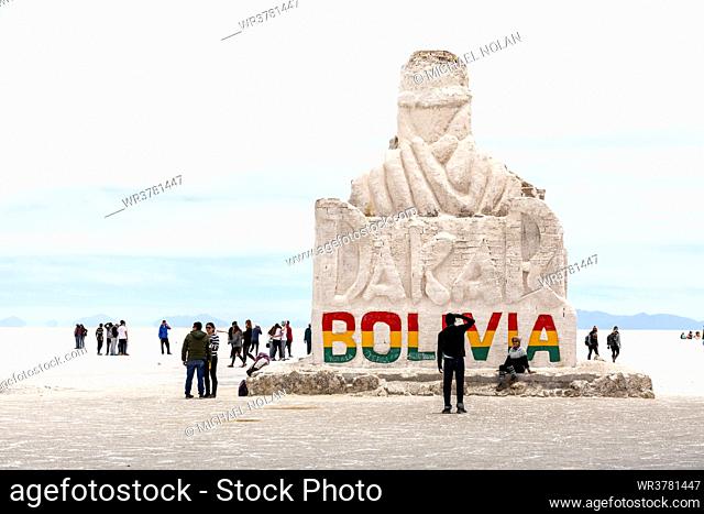Welcoming statue on display on the salt flats, Salar de Uyuni, Daniel Campos Province, Bolivia, South America