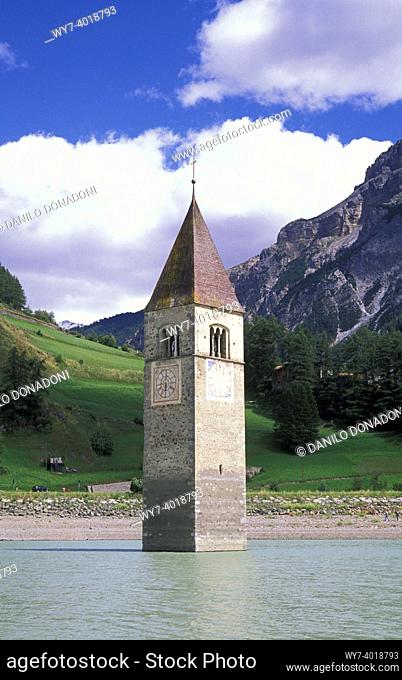 italy, alto adige, curon, bell tower in the resia lake