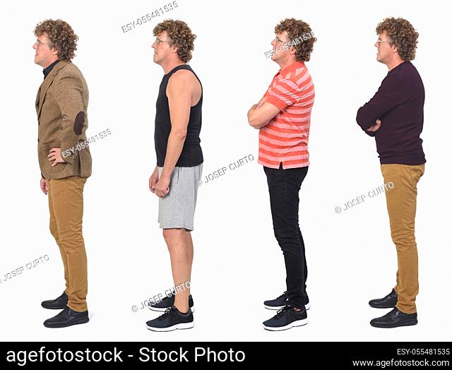side view of the same man with different outfits on white background