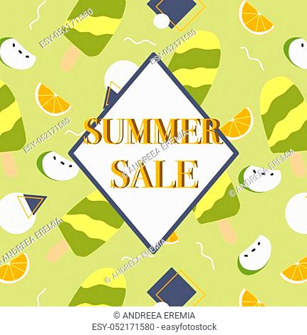 Summer sale banner with green ice cream and memphis elements. Vector banner