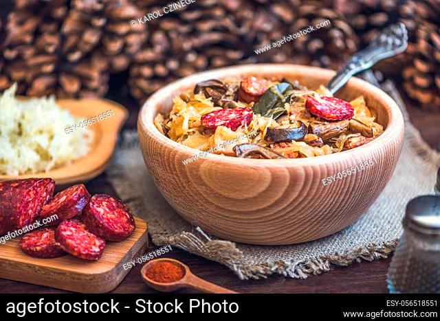 Traditional Sour Cabbage Soup with Sausage and Mushrooms