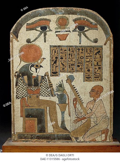 Egyptian civilization, Third Intermediate Period, Dynasty XXI. Painted wood stele depicting Amon musician playing harp before god Ra-Harakhty
