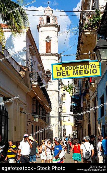 The Bodeguita del Medio and the bell tower of the cathedral behind, Habana Vieja, Havana, Cuba