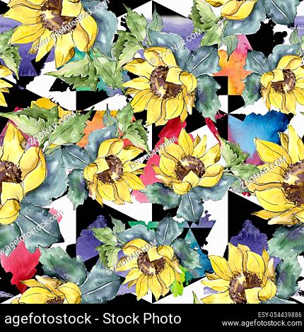 Watercolor bouquet flowers. Floral botanical flower. Seamless background pattern. Full name of the plant: sunflower, peony, flax