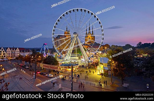 Cathedral square with ferris wheel for Oktoberfest in Erfurt, Thuringia, Germany
