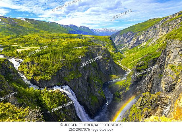Waterfall Voringfossen and panorama view over the plateau and canyon of Mabodalen, Norway, Scandinavia