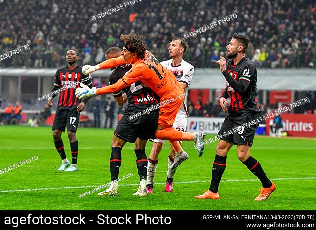 Milano, Italy. 13th, March 2023. Goalkeeper Guillermo Ochoa (13) of Salernitana and Malick Thiaw (28) of AC Milan seen during the Serie A match between AC Milan...