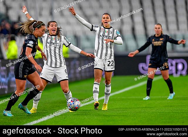 Turin, Italy. 24th, November 2022. Agnese Bonfantini (22) and Sofia Cantore (9) of Juventus seen in the UEFA Women’s Champions League match between Juventus and...