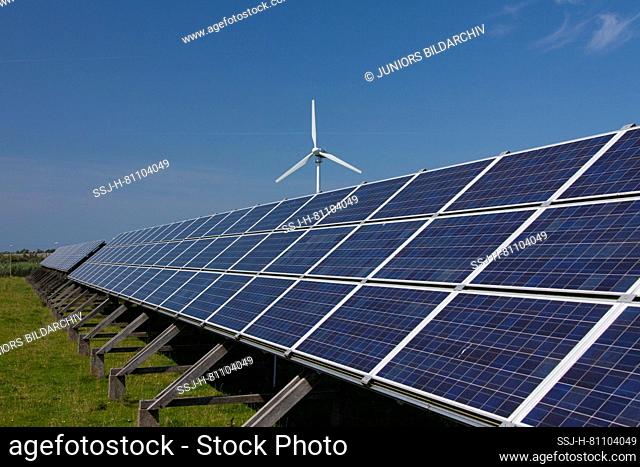 Hybrid power plant, wind power and photovoltaic system on the island of Pellworm, North Frisia, Schleswig-Holstein, Germany