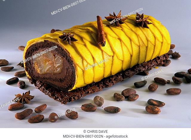 Yule log with a confit of pear and chocolate, star anise and cinnamon - Menu of feast