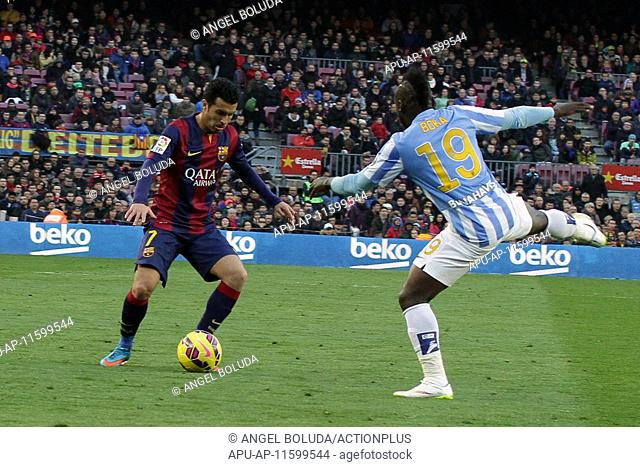 2015 La Liga Barcelona v Levante Feb 21st. 21.02.2015. Barcelona, Spain. La Liga. Barcelona versus Malaga. Pedro in action covered by Boka (R)
