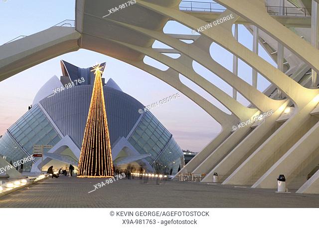 Science Museum, Hemisferic and Reina Sofia Opera House by Calatrava at Christmas, Science and Arts City, Valencia, Spain