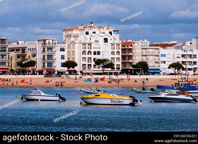 SÃO MARTINHO DO PORTO, PORTUGAL - JUNE, 11 2020: Recreational Boats in a Bay - Popular Beach Resort with Golden Sand in West Region