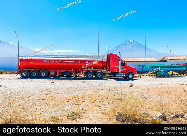 Arequipa Peru September 04 2018 One of the many fuel tankers that supply the Arequipa airport