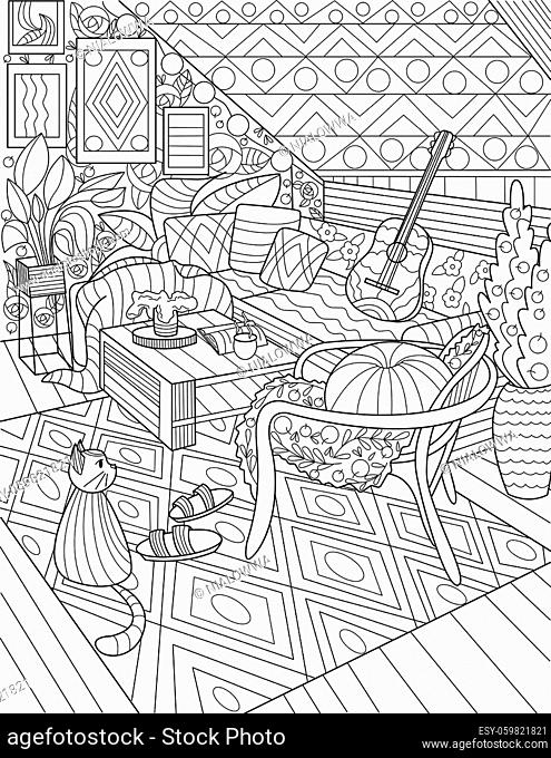 House Living Room Line Drawing With Chairs Center Table Couch Guitar Plant
