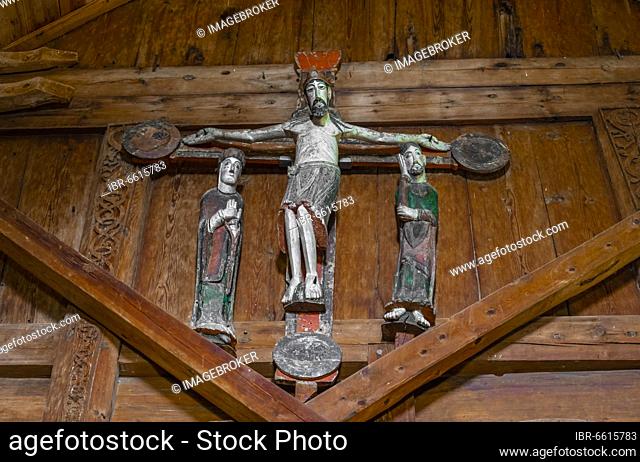 Cross in the stave church Urnes, Romanesque church from ca. 1130, Celtic art with traditions of the Vikings and building forms of the Romanesque, Vestland