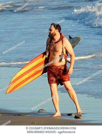 Actor Seth Rogen is lock and loaded on the beach and ready to surf for the new movie ""Zeroville"" filming in Malibu Ca. The comedian was seen holding a surf...