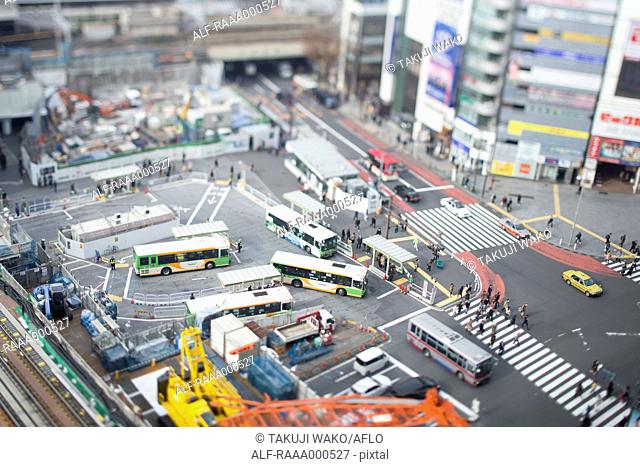 Tilt-shift bird's eye view of Tokyo cityscape, Tokyo, Japan