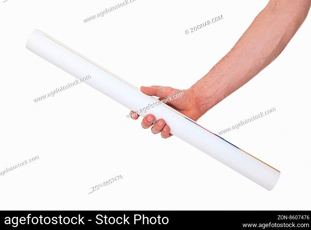 Hand holding paper roll isolated on white