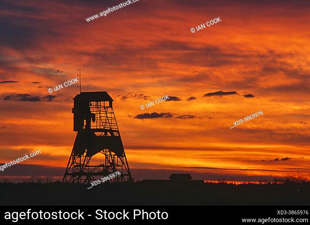 derelict coal mine tipple at sunset, Lethbridge, Alberta, Canada