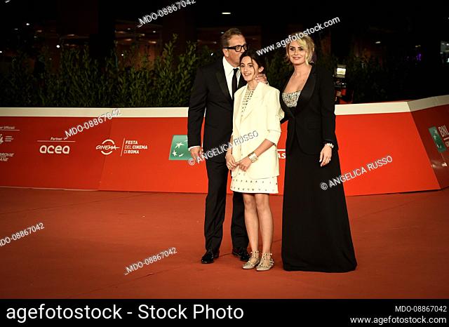 Italian director Gabriele Muccino (Giorgio Armani suit) with his daughter Penelope Muccino and his wife Angelica Russo at Rome Film Fest 2021