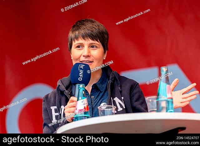 FRANKFURT AM MAIN, Germany - October 19 2019: Samantha Cristoforetti (*1977, Italian ESA astronaut) talking on stage at 71st Frankfurt Book Fair / Buchmesse...