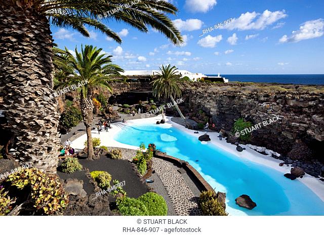 Blue and white pool, Jameos del Agua, near Arrieta, Lanzarote, Canary Islands, Spain