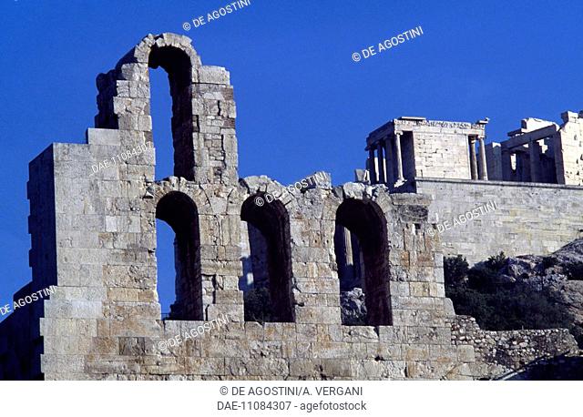 The Odeon of Herodes Atticus, 161-174, with the Propylaea in the background, Acropolis of Athens (UNESCO World Heritage List, 1987), Greece