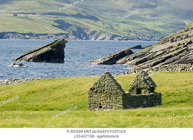 Ruins of ancient cattle building, Mousa island, Shetland, UK