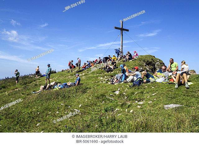 Mountain hikers rest at the summit cross of the Hoher Ifen mountain, near Hirschegg, Kleinwalsertal, Vorarlberg, Allgäuer Alps, Austria, Europe