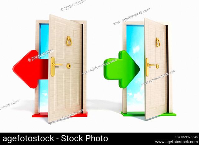 Arrows entering and exiting the doors. 3D illustration