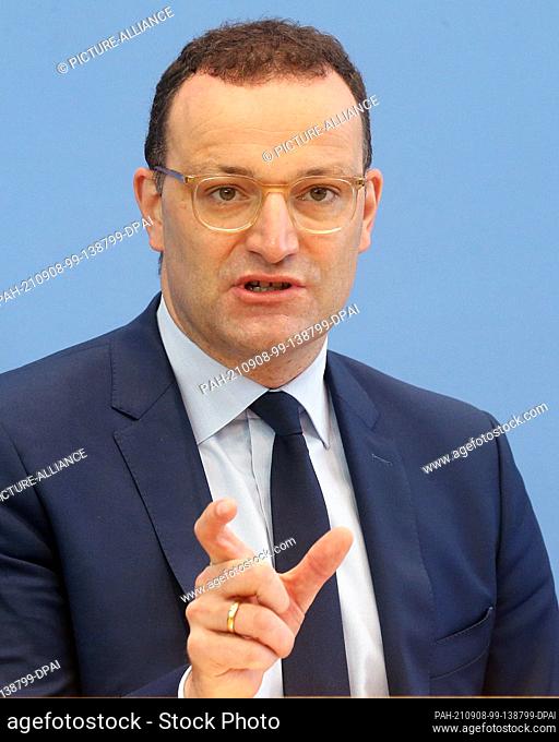 08 September 2021, Berlin: Jens Spahn (CDU), Federal Minister of Health, answers questions from journalists during a press conference on the Corona vaccination...