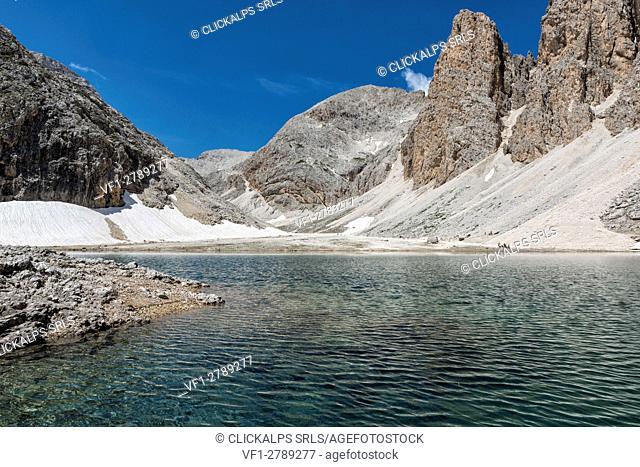 Italy, Trentino Alto Adige, Dolomites. Antermoia lake in the Catinaccio group