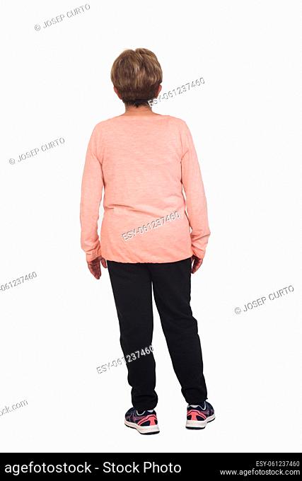 rear view o f a full portrait of senior woman with sportswear on white background