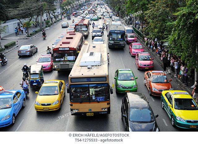 Bus is standing in a traffic jam in Bangkok