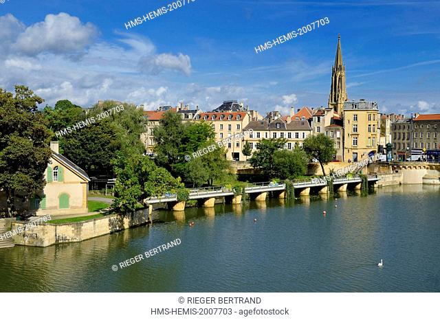 France, Moselle, Metz, the Islands and the canalized River Moselle banks, the tower of the Garrison temple in the background