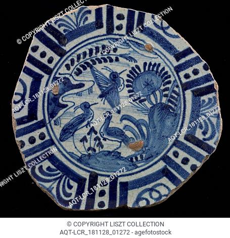 Fragment majolica plate, blue on white, bird in Chinese garden, border in Wanli style, plate dish crockery holder soil find ceramics pottery glaze