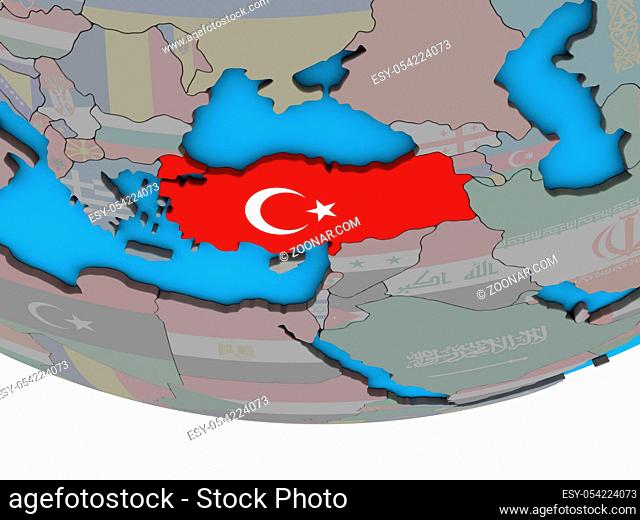 Turkey with embedded national flag on simple political 3D globe. 3D illustration