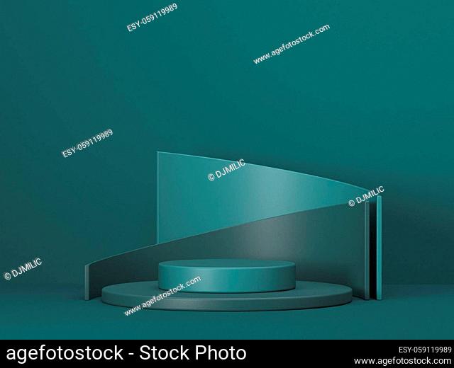Mock up podium for product presentation curved wall 3D render illustration on green background