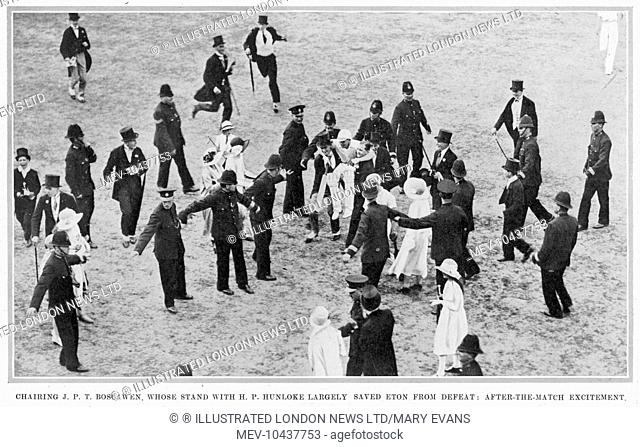 Page from the Illustrated London News showing the Eton versus Harrow cricket match at Lords cricket ground in 1925. In the top picture, J.P.T