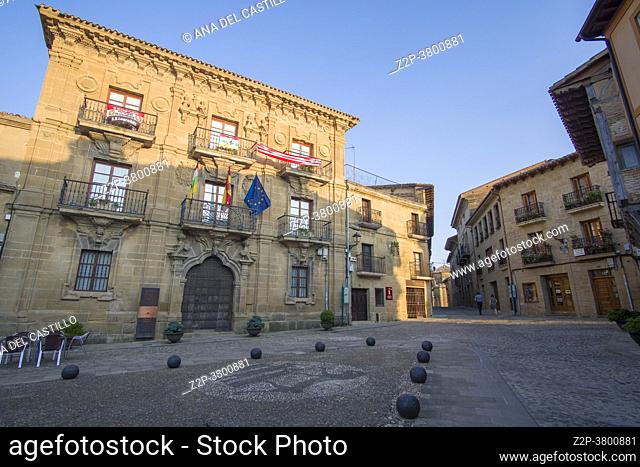 Briones La Rioja Spain on July, 20, 2020: The city hall building is a medieval palace by sunset Briones is part of the Most Beautiful Villages in Spain