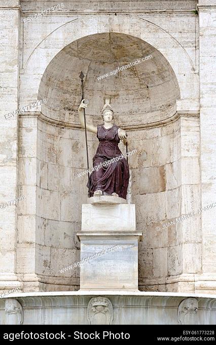 In the niche we can see an ancient statue of Minerva, the goddess of wisdom and war, Piazza del Campidoglio, located at the top of Capitol Hill